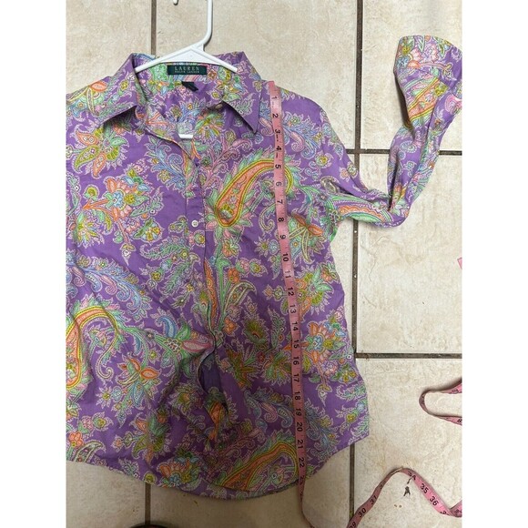 Lauren Ralph Lauren Purple Paisley Print 3/4 Sleeve Cotton Button Up Shirt M - Picture 5 of 5
